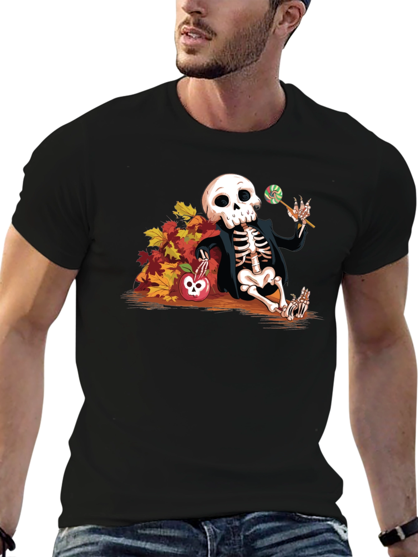 Skeleton Fall Leaves Apple Halloween T-Shirt