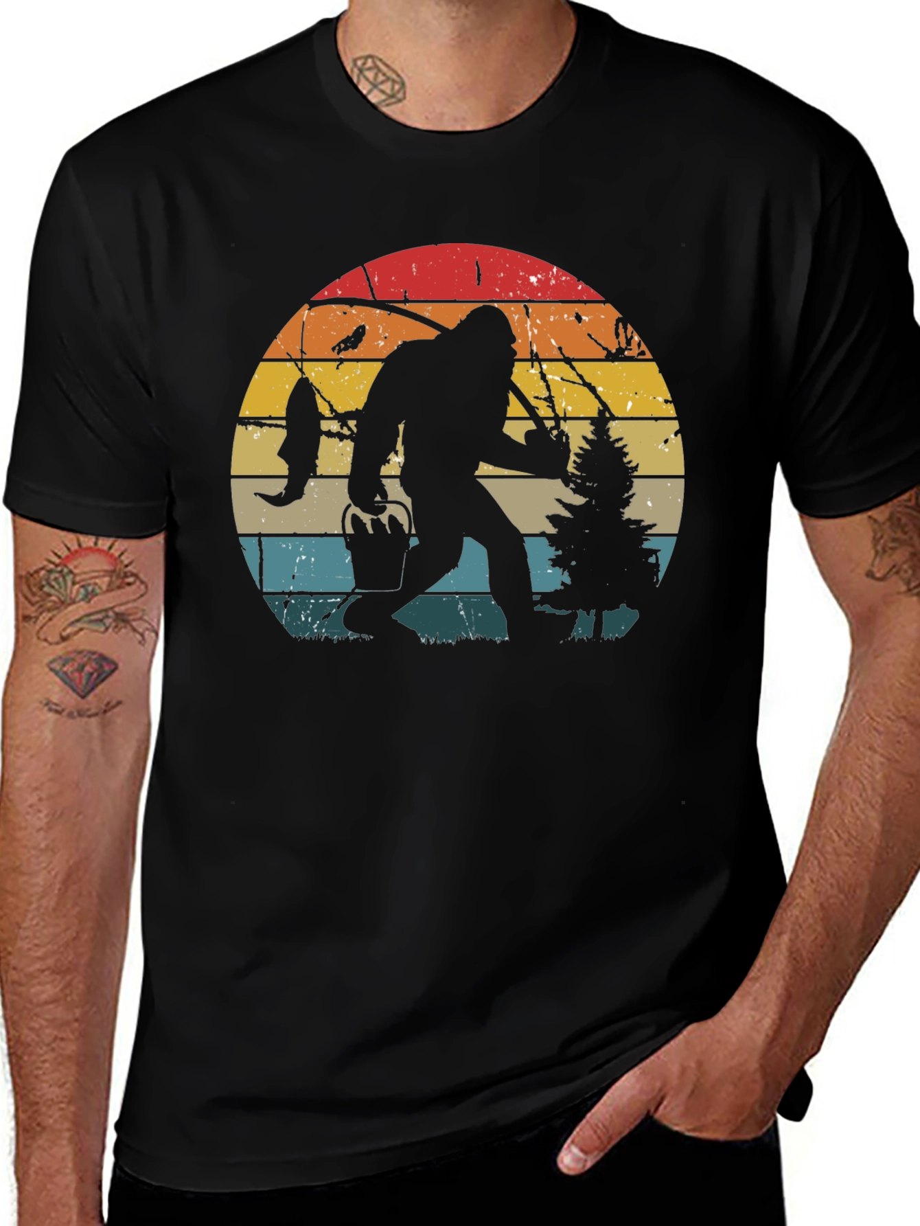 Bigfoot Fishing Retro Graphic T-Shirt