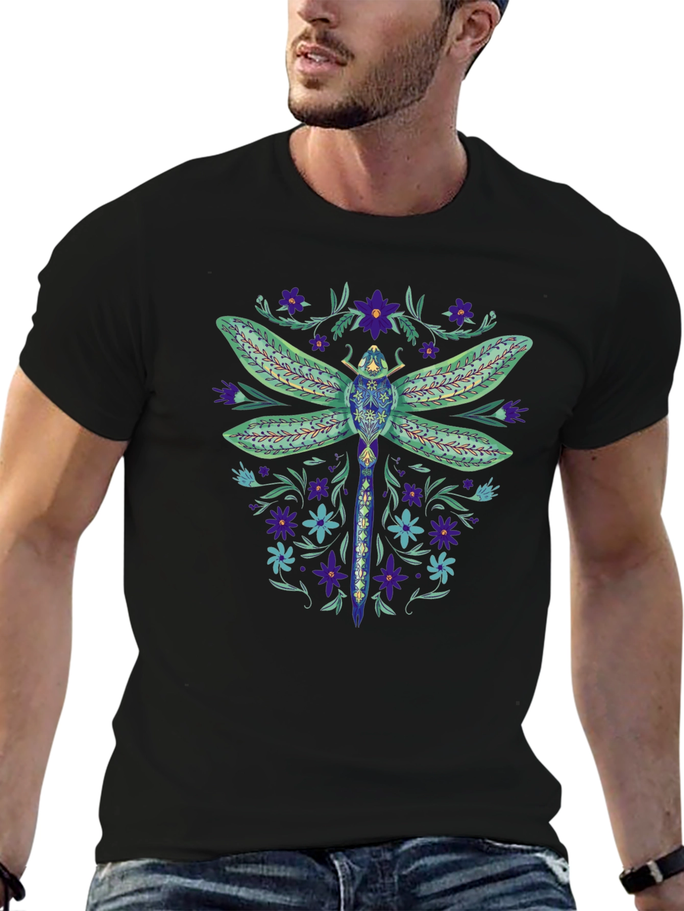 Dragonfly Floral Graphic Black T-Shirt