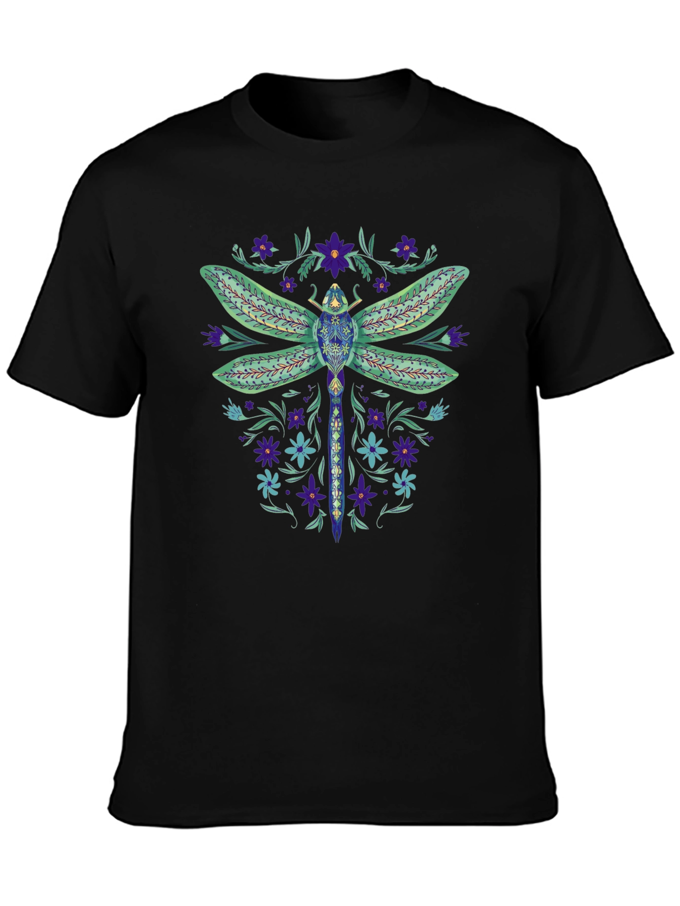 Dragonfly Floral Graphic Black T-Shirt