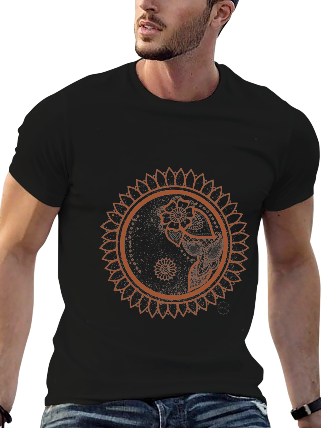 Black T-Shirt with Mandala Flower Design