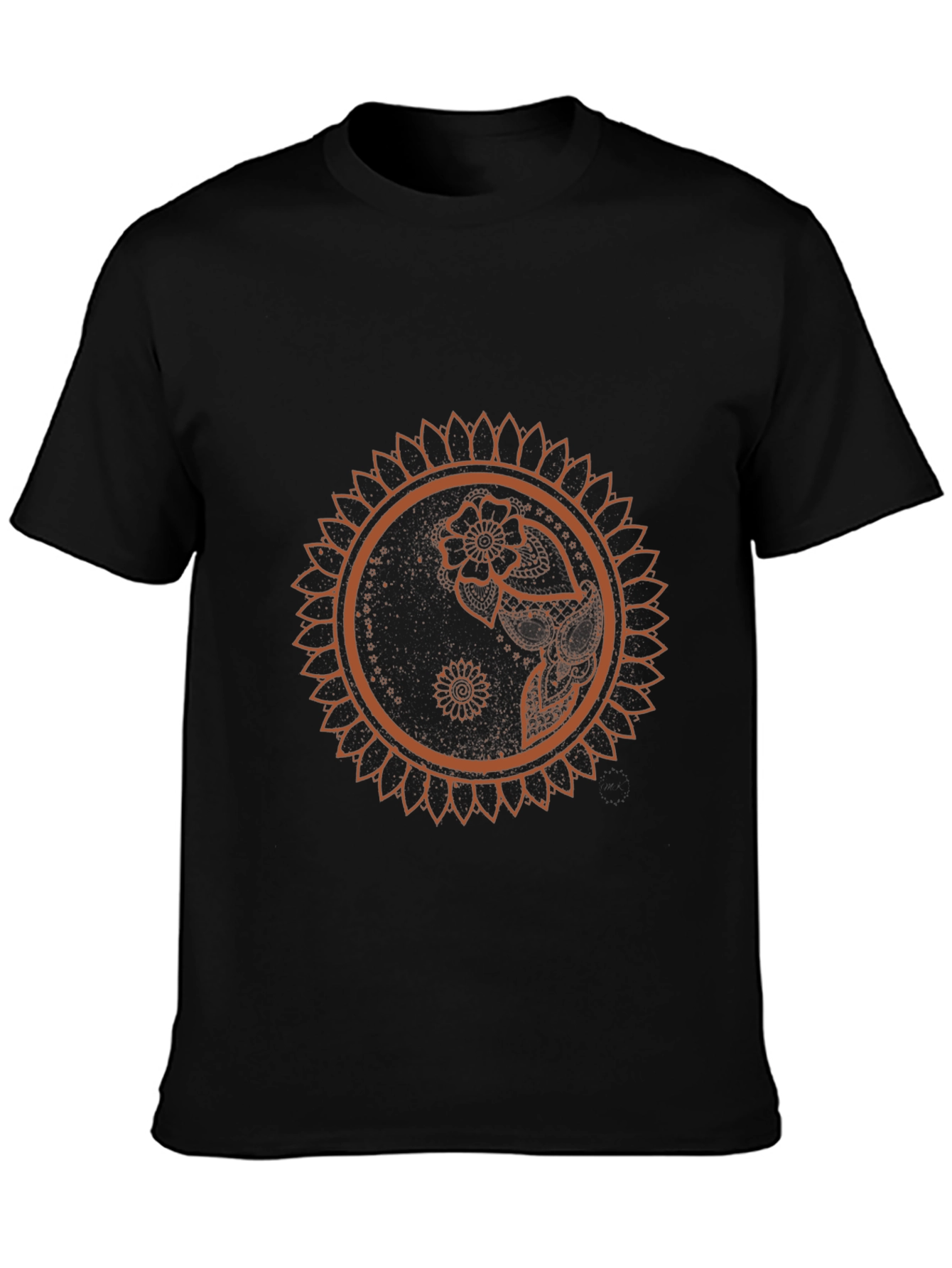 Black T-Shirt with Mandala Flower Design