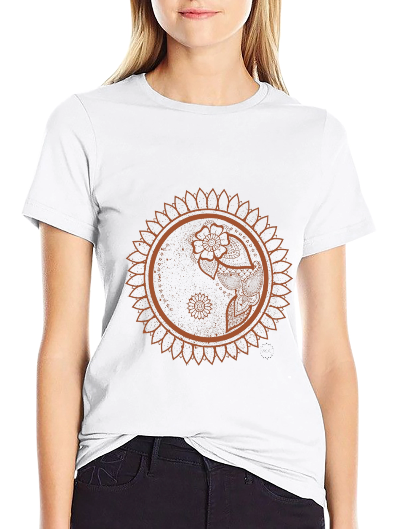 Black T-Shirt with Mandala Flower Design