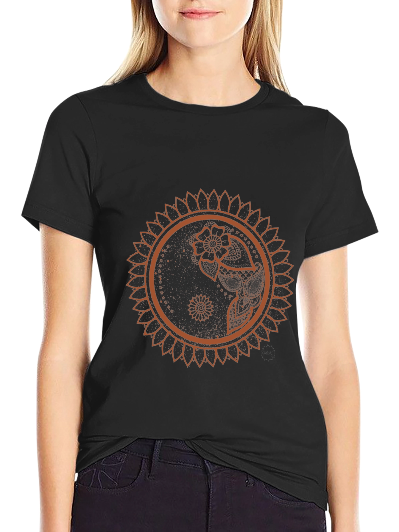 Black T-Shirt with Mandala Flower Design