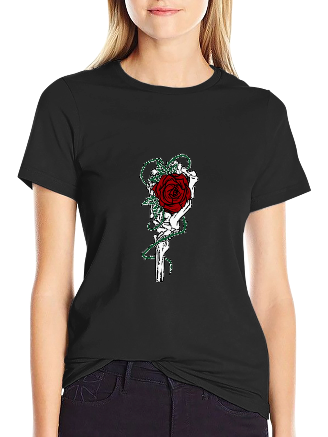 Gothic Rose Skeleton Hand Graphic T-Shirt