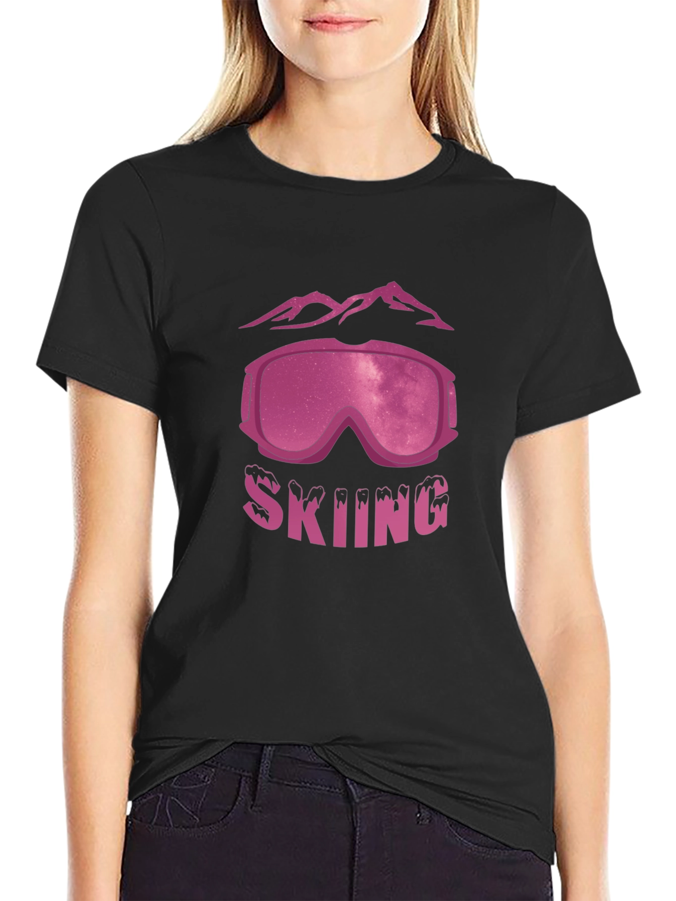 Skiing T-Shirt with Mountains and Goggles Design