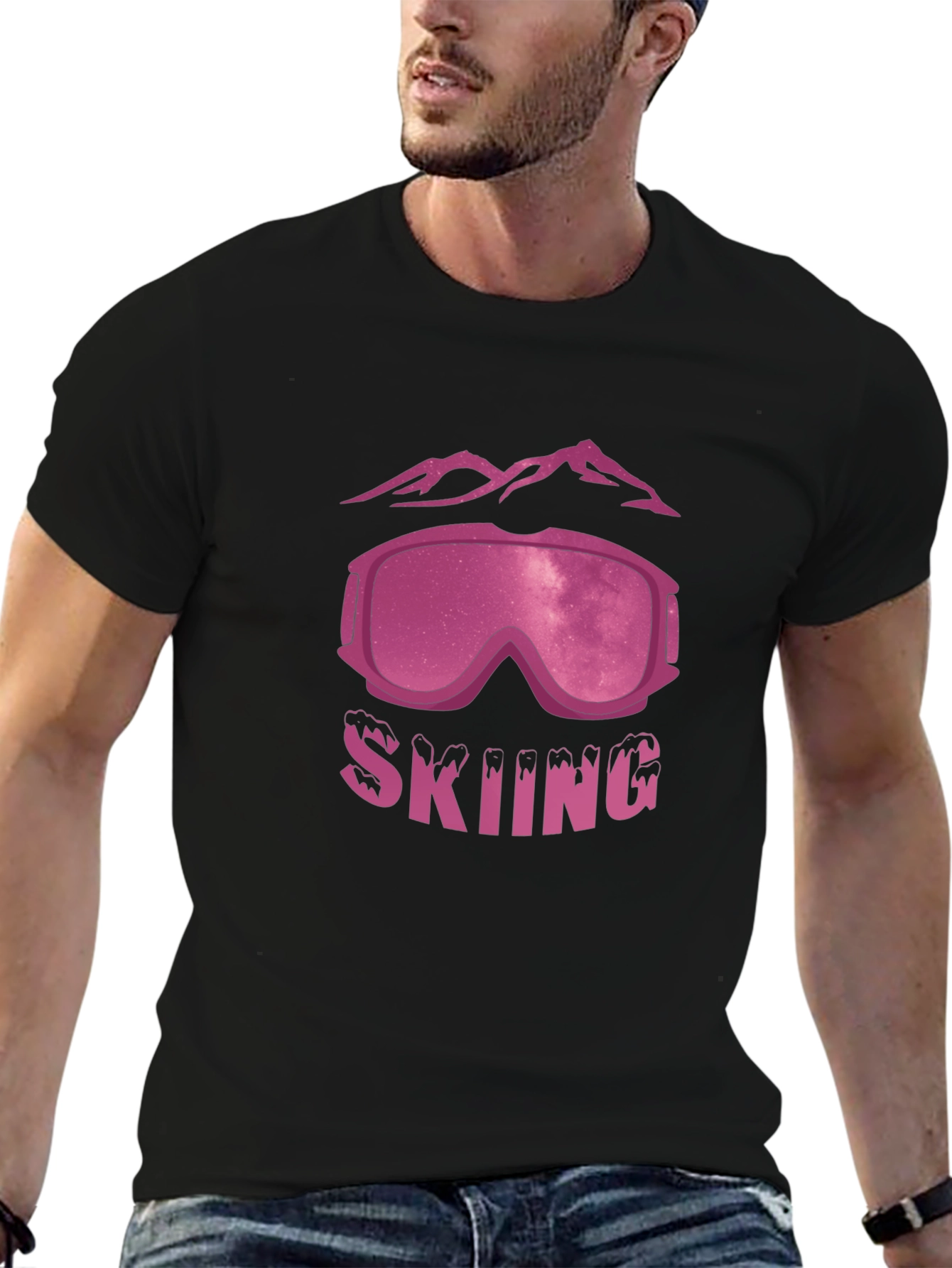 Skiing T-Shirt with Mountains and Goggles Design