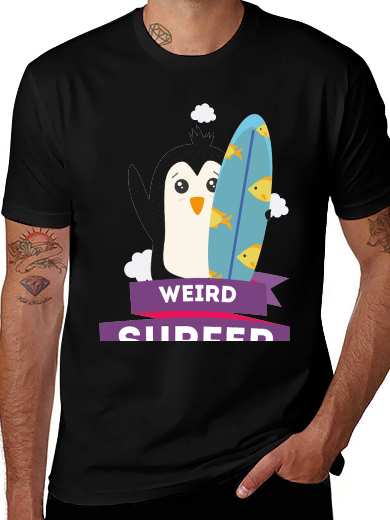 Weird Surfer Graphic Tee - Unique Penguin Design