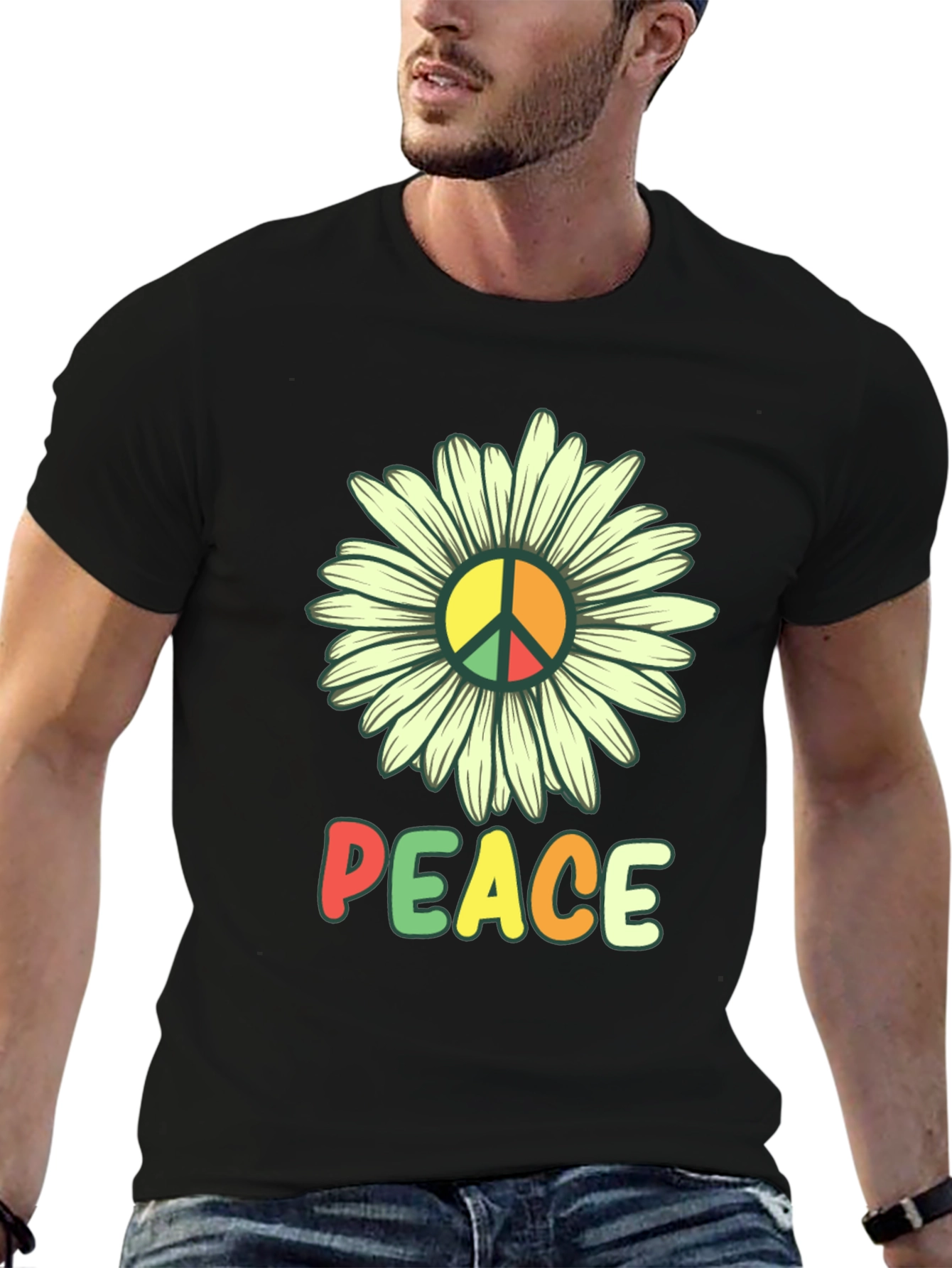 Peace Daisy Graphic Tee - Black Casual T-Shirt