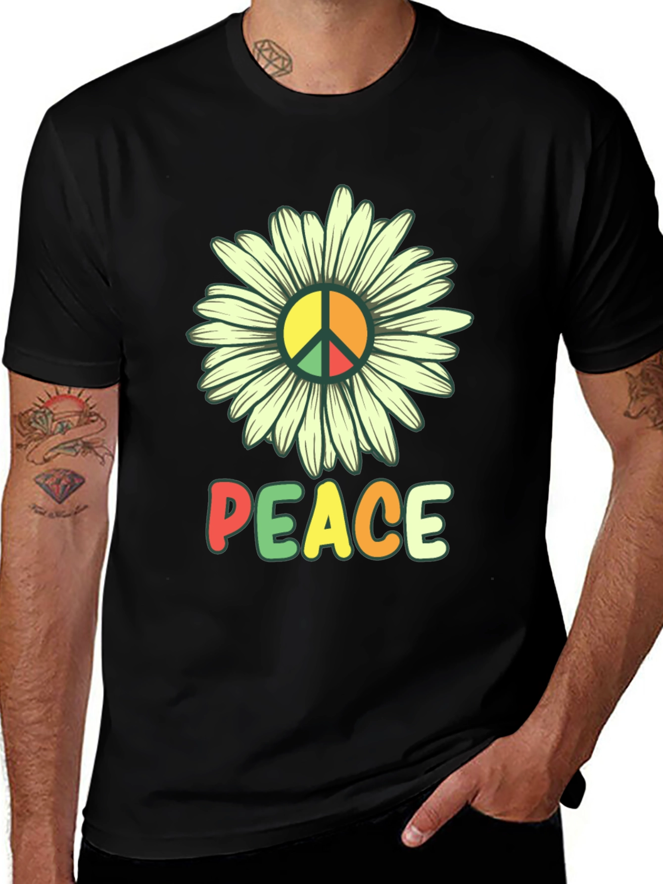 Peace Daisy Graphic Tee - Black Casual T-Shirt