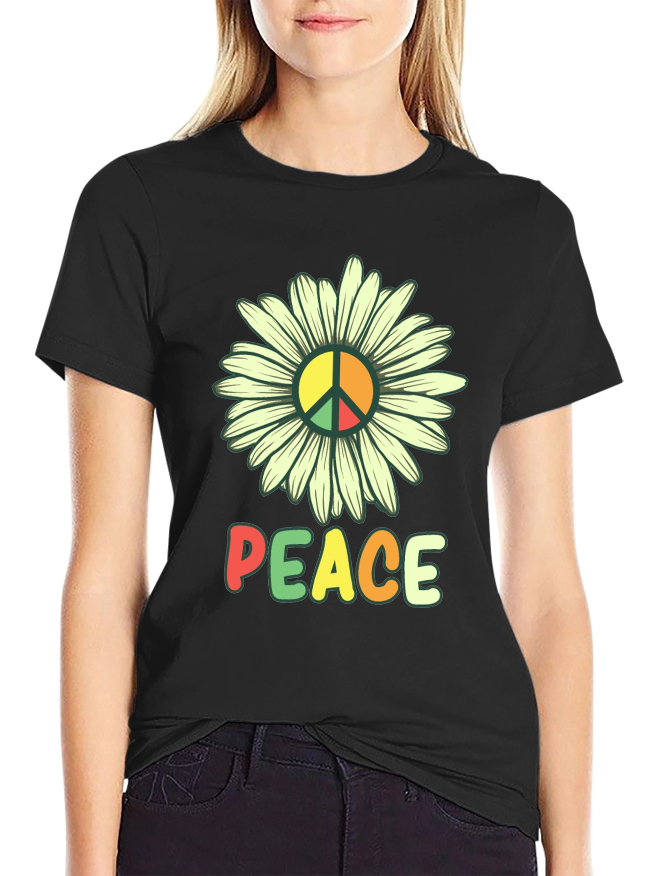 Peace Daisy Graphic Tee - Black Casual T-Shirt