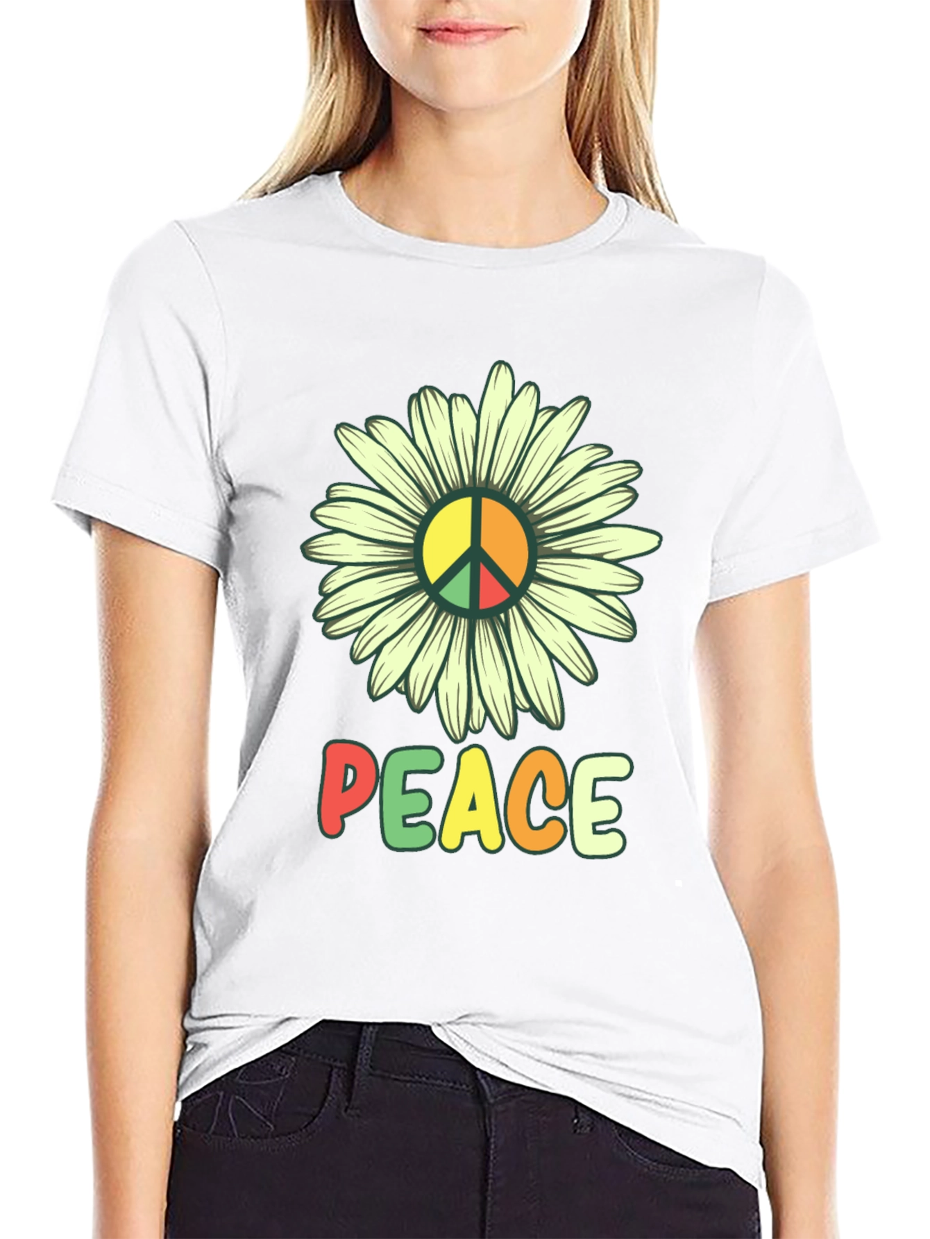 Peace Daisy Graphic Tee - Black Casual T-Shirt