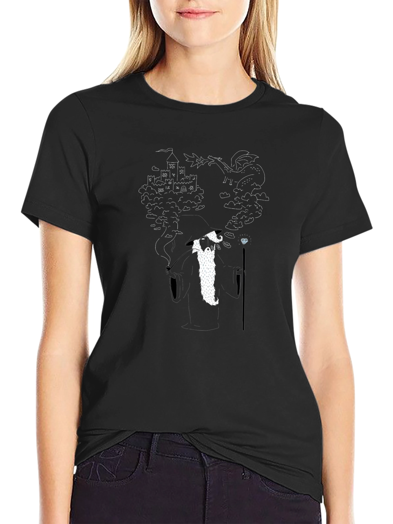 Wizard Dragon Castle Graphic Print Black T-Shirt
