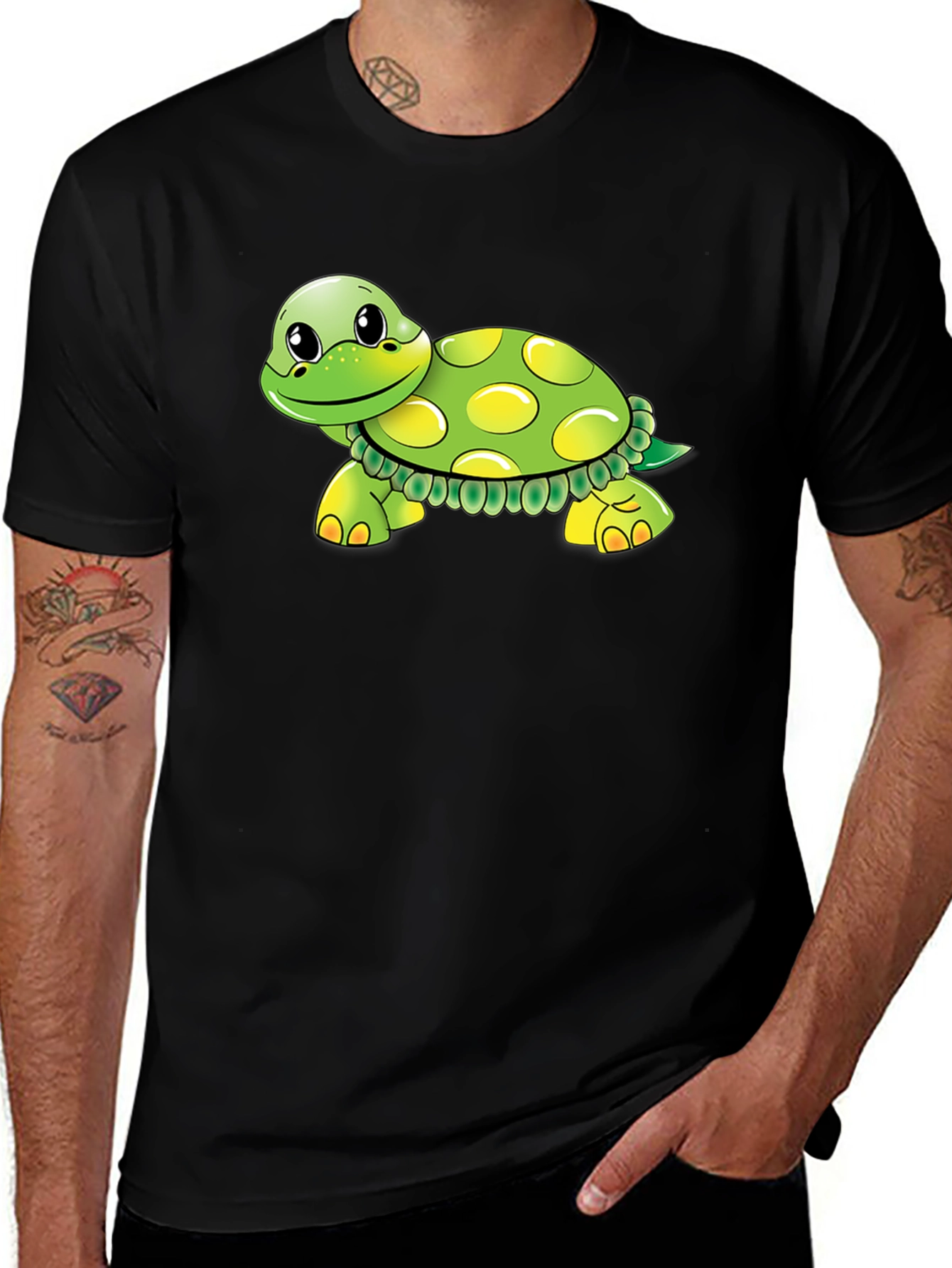 Cute Turtle Graphic Tee - Black Cotton Blend Shirt