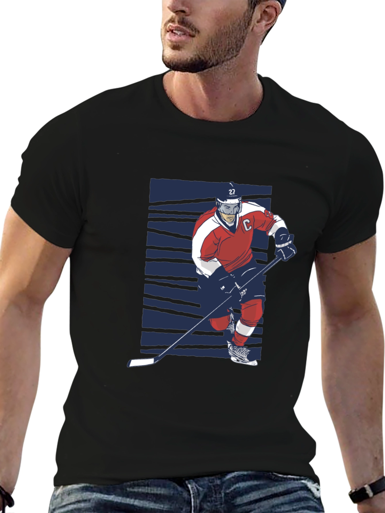 Hockey Player Graphic Tee - Black Cotton T-Shirt