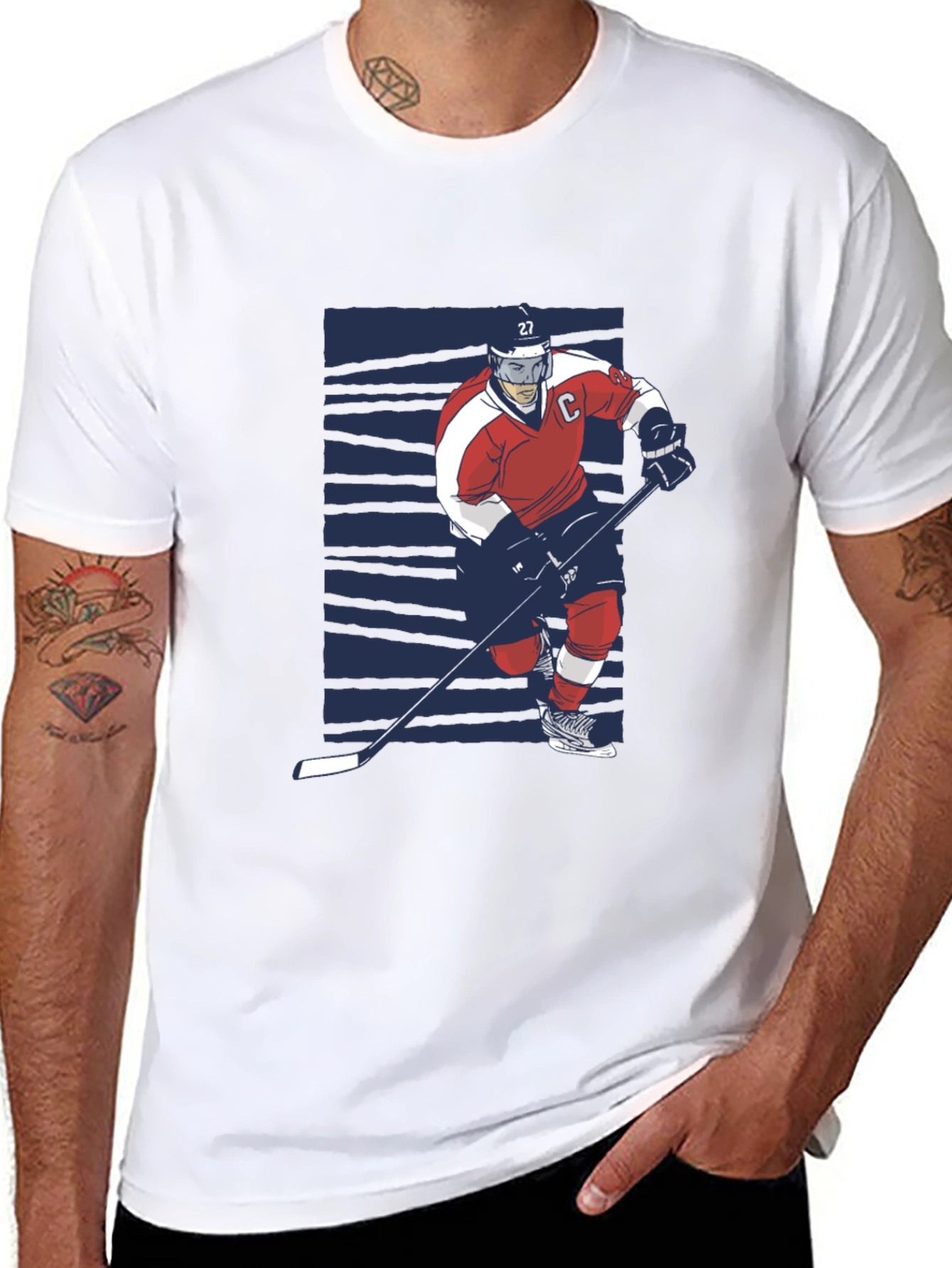 Hockey Player Graphic Tee - Black Cotton T-Shirt