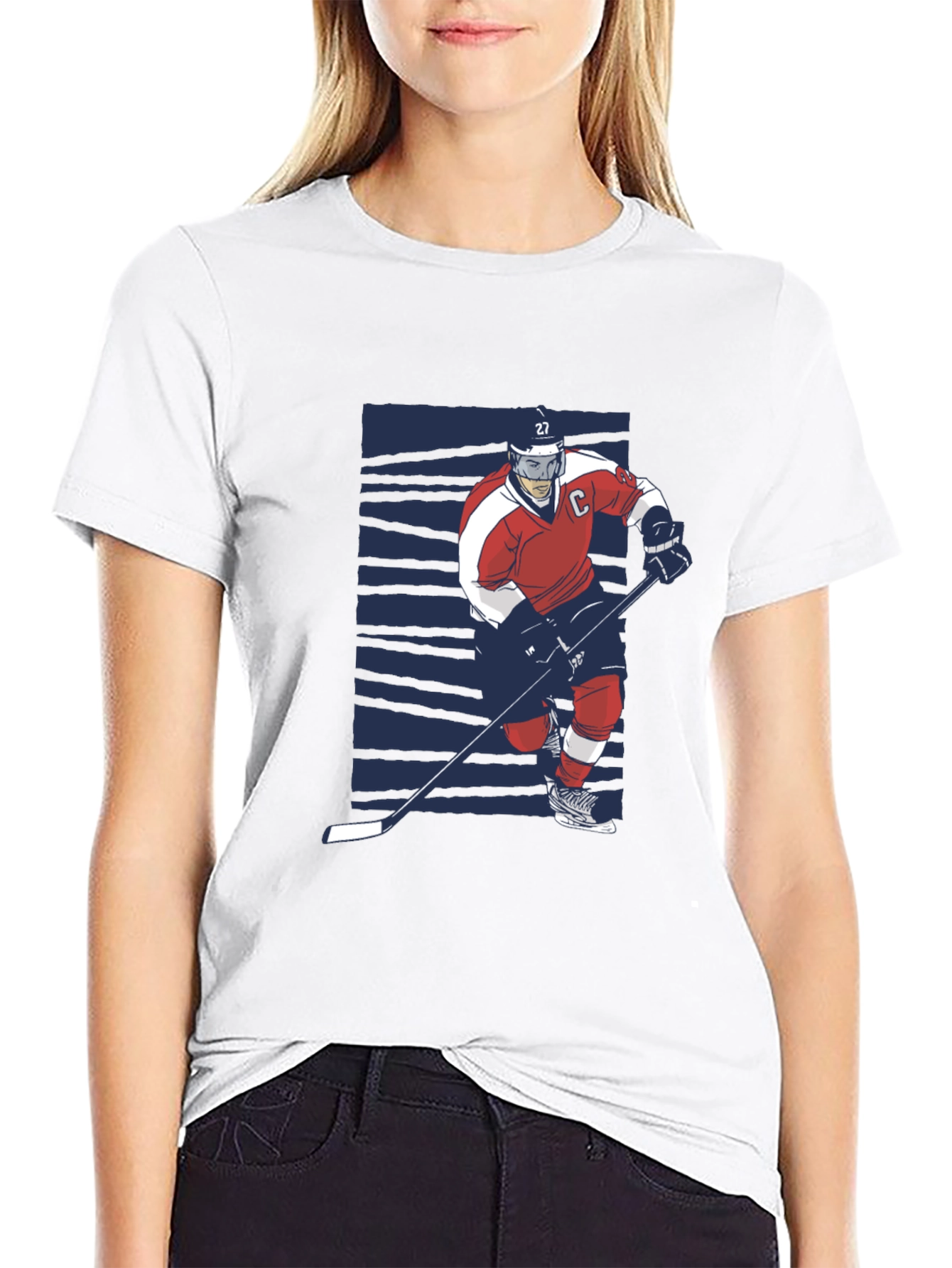 Hockey Player Graphic Tee - Black Cotton T-Shirt
