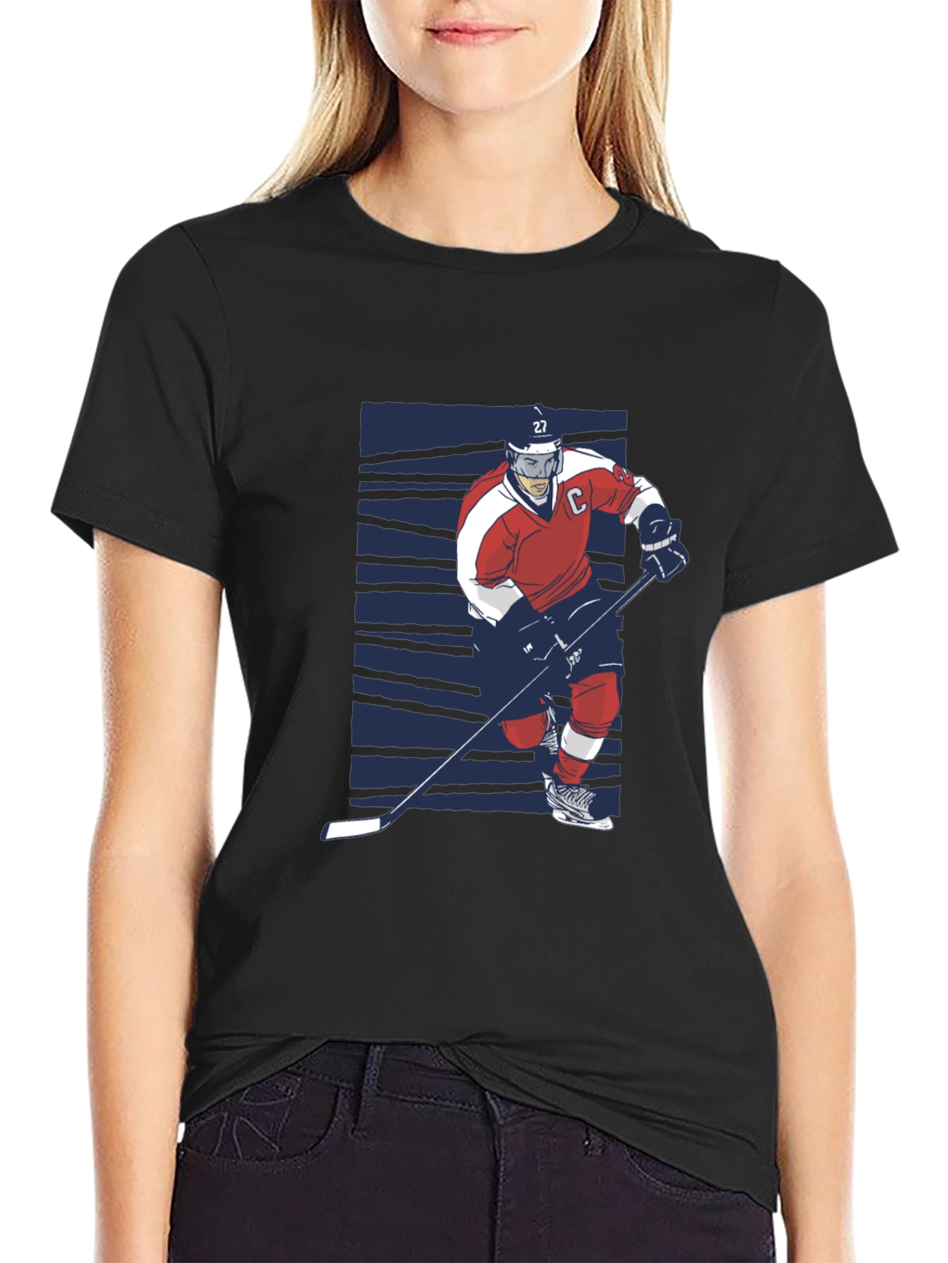 Hockey Player Graphic Tee - Black Cotton T-Shirt