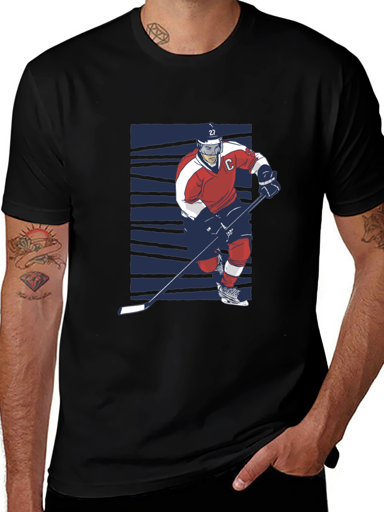 Hockey Player Graphic Tee - Black Cotton T-Shirt