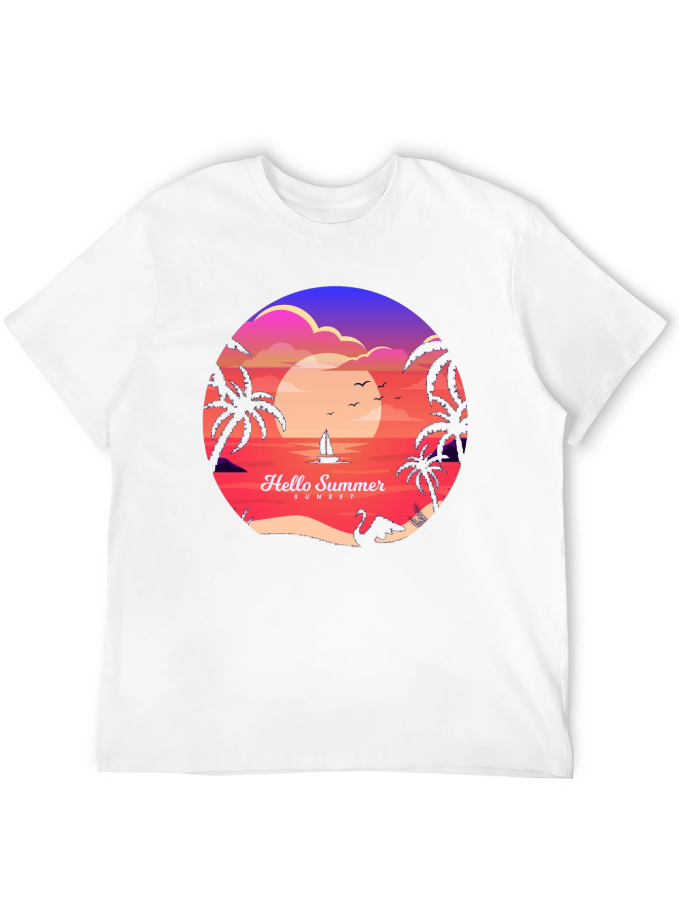 Hello Summer Sunset T-Shirt - Tropical Beach Vibes