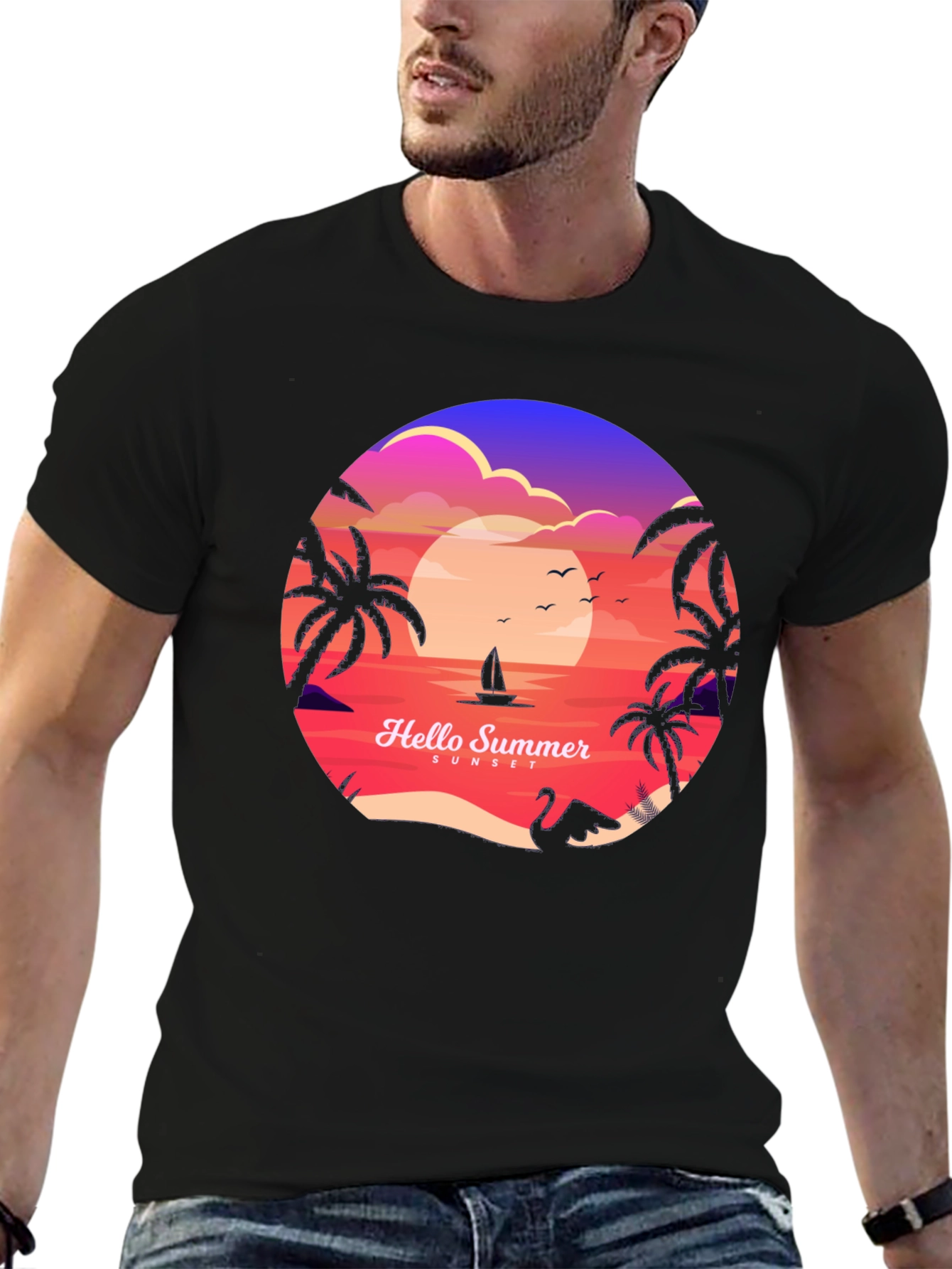 Hello Summer Sunset T-Shirt - Tropical Beach Vibes