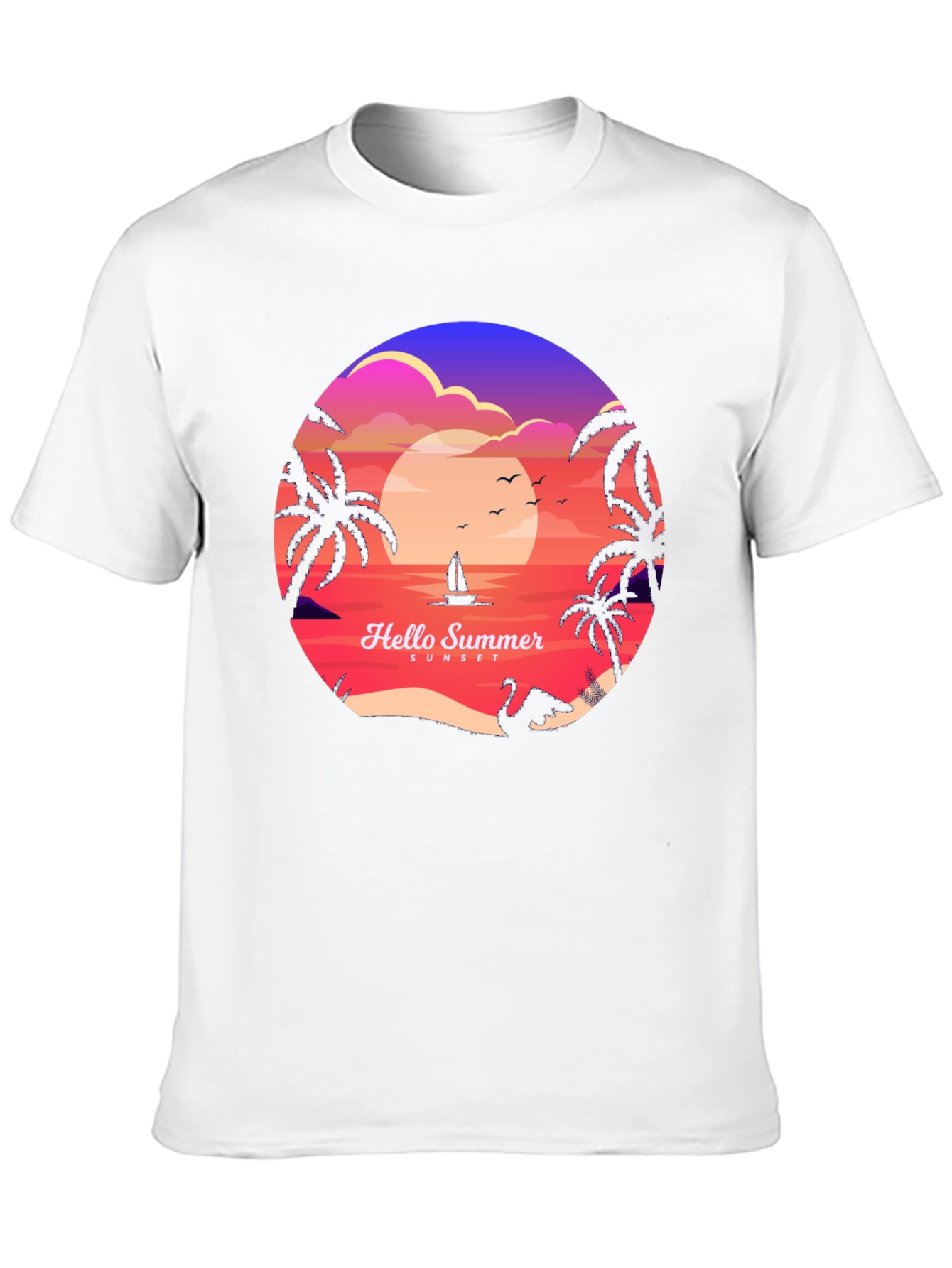 Hello Summer Sunset T-Shirt - Tropical Beach Vibes