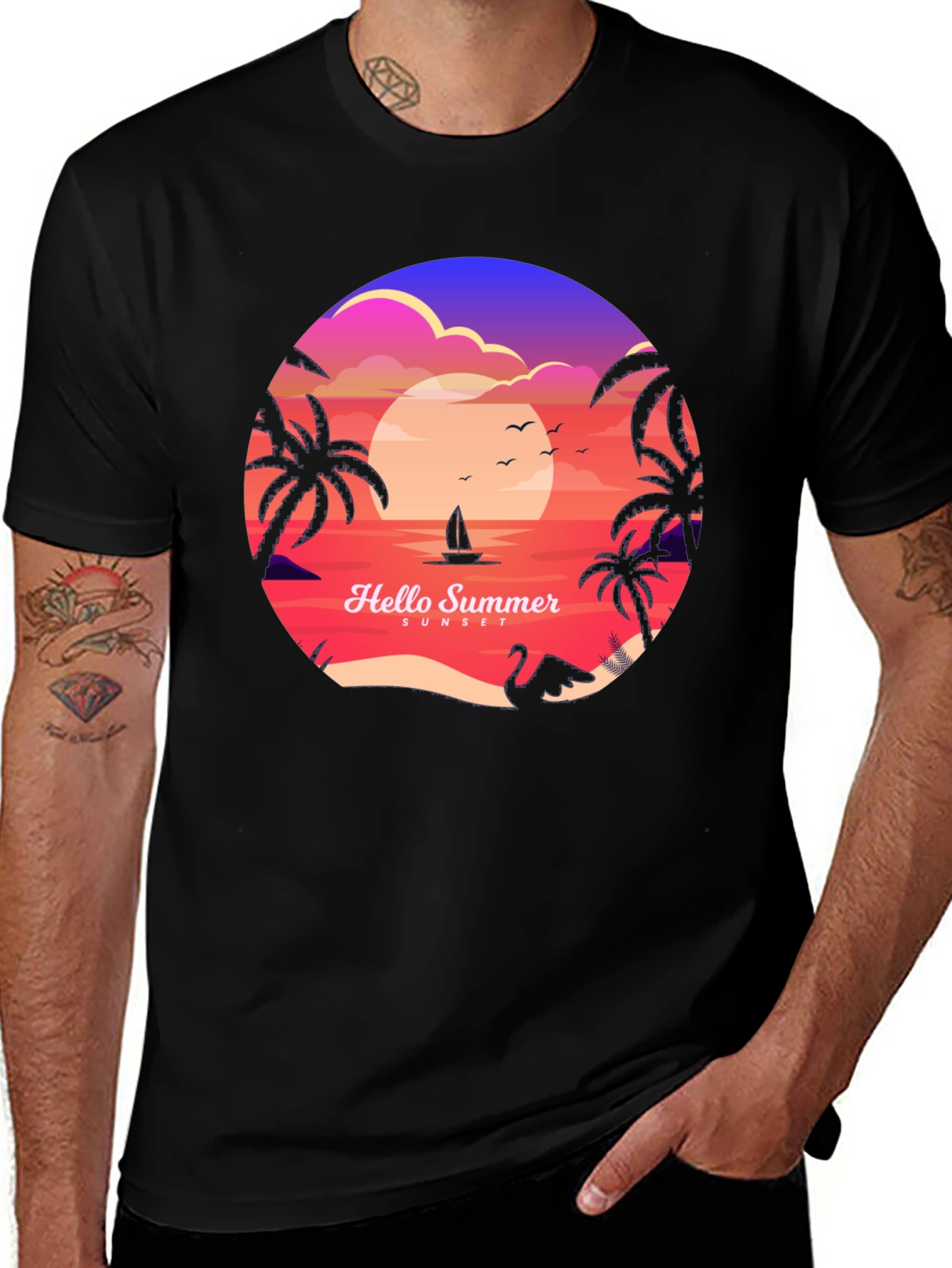 Hello Summer Sunset T-Shirt - Tropical Beach Vibes