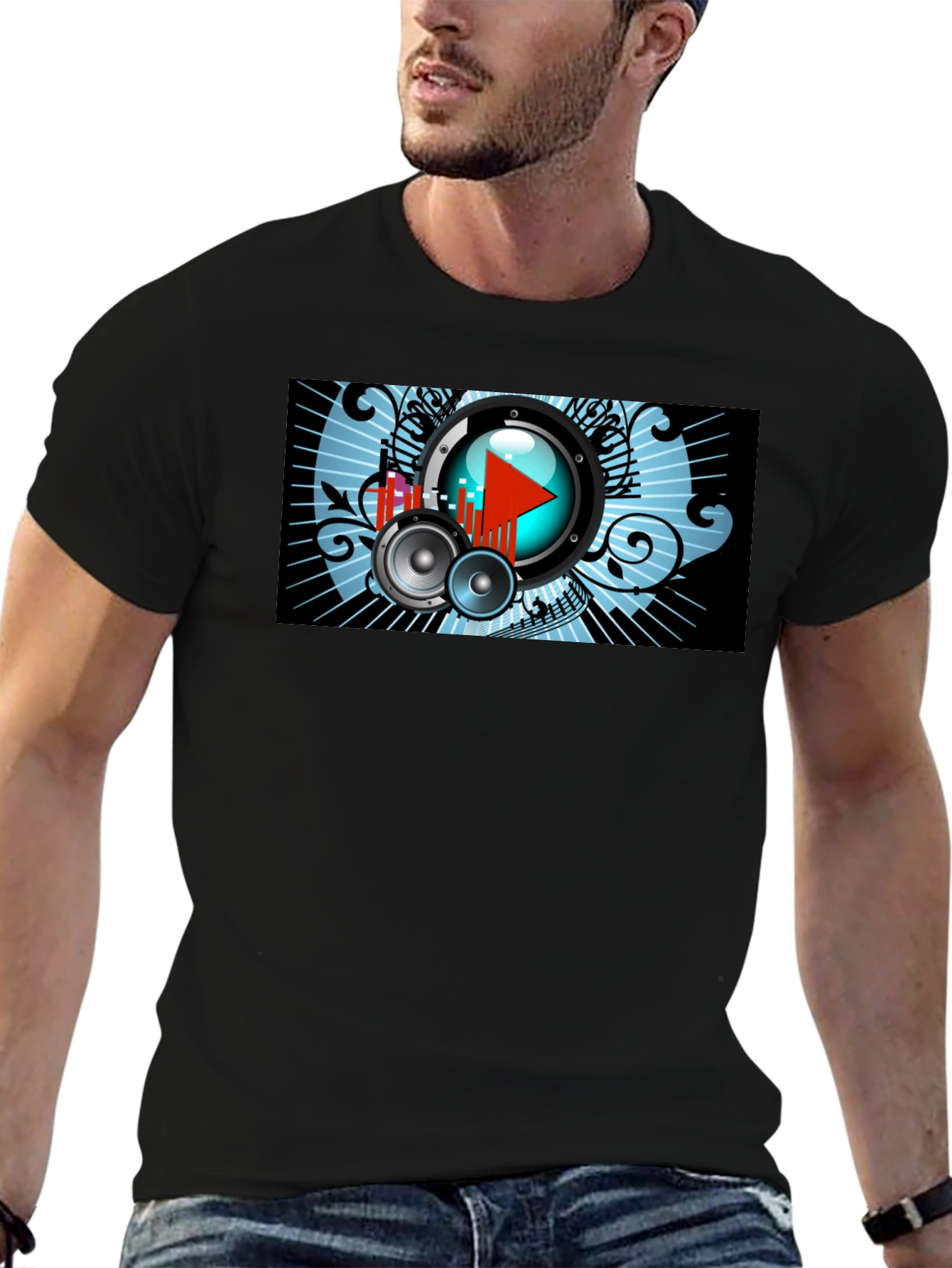 Music Graphic Tee - Play Button and Speakers