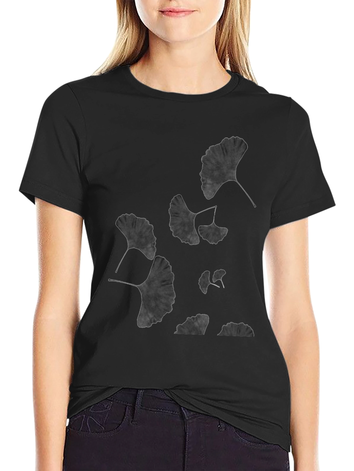 Ginkgo Leaf Print Black T-Shirt