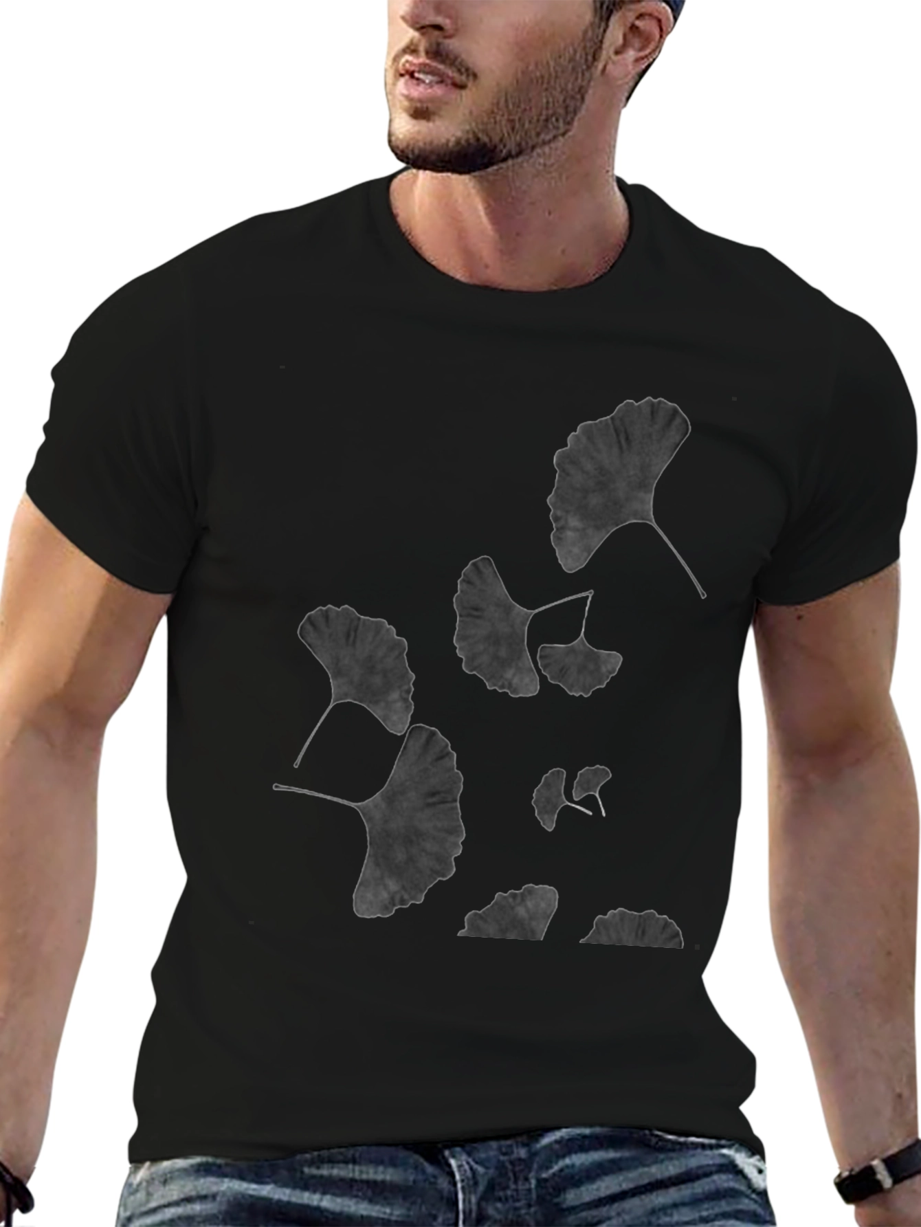 Ginkgo Leaf Print Black T-Shirt