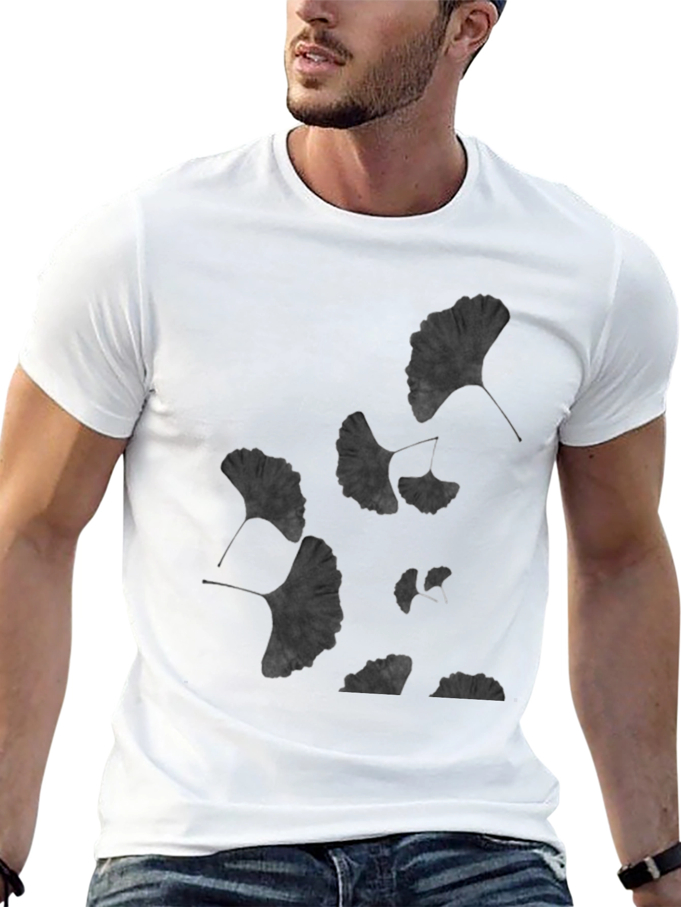 Ginkgo Leaf Print Black T-Shirt