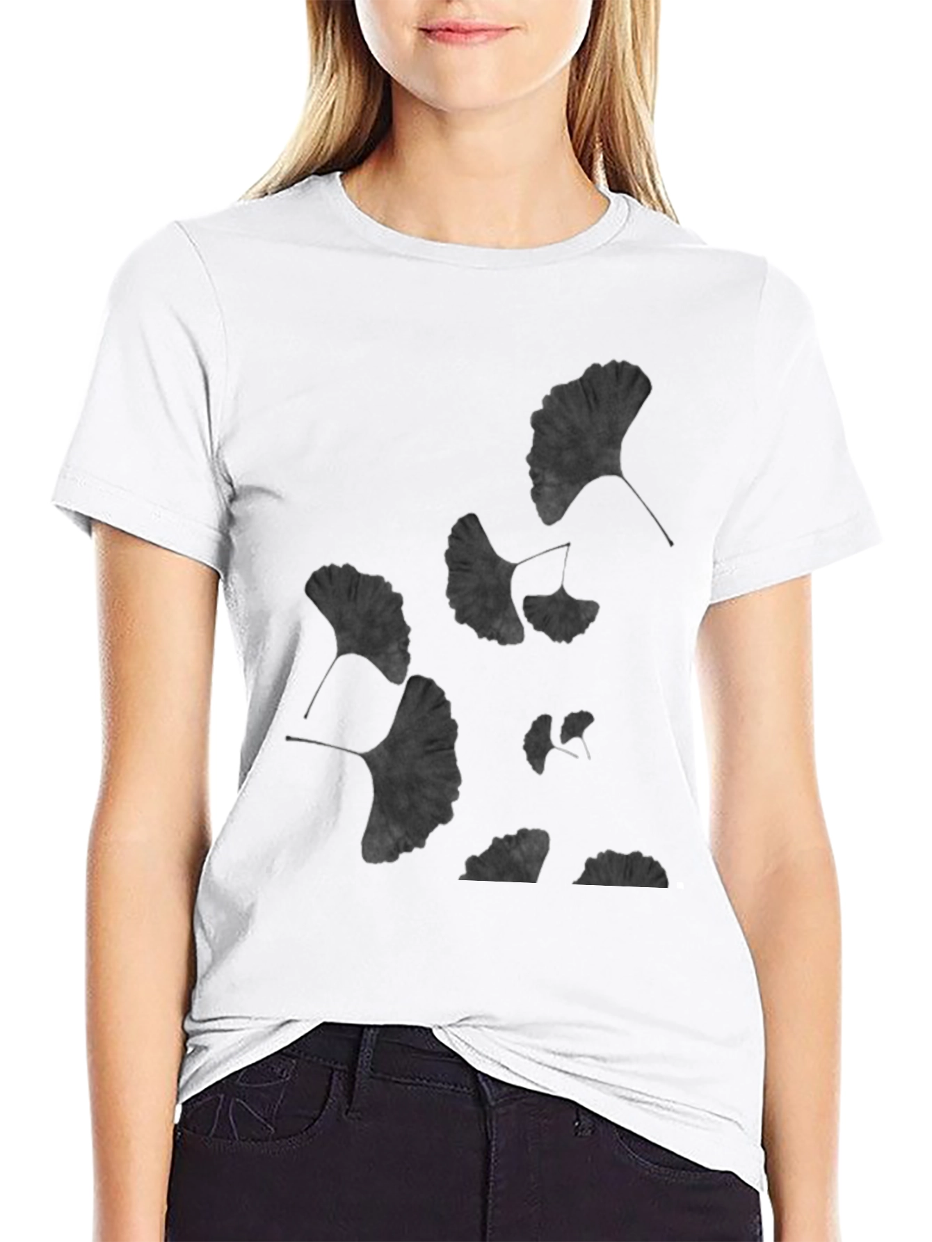 Ginkgo Leaf Print Black T-Shirt