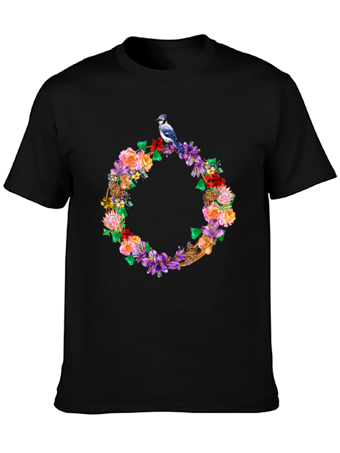 Floral Wreath Bird Graphic Tee - Black
