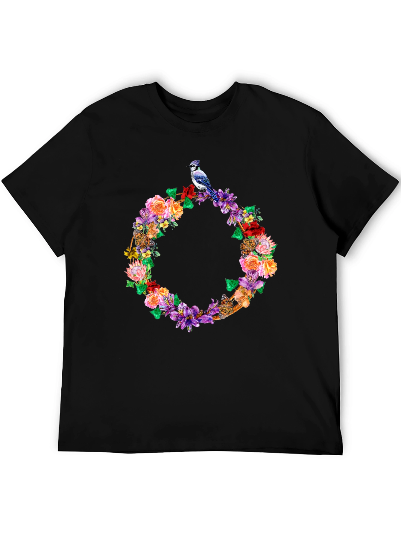 Floral Wreath Bird Graphic Tee - Black