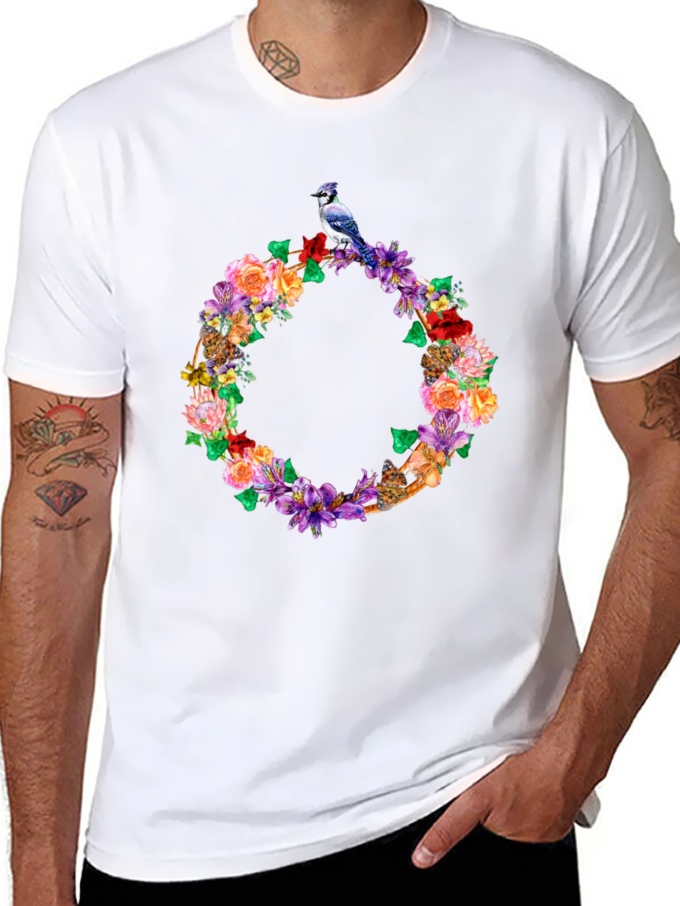 Floral Wreath Bird Graphic Tee - Black