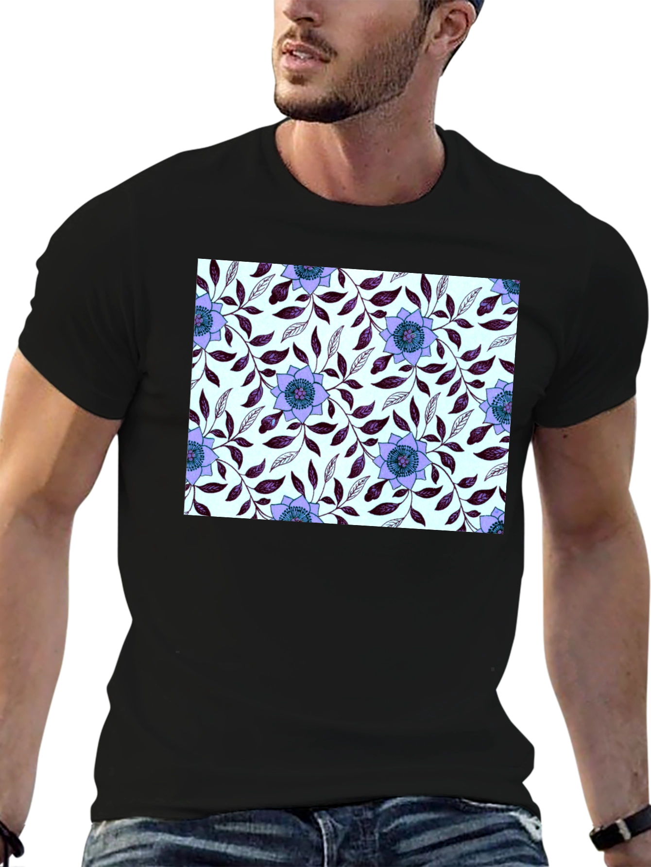 Floral Pattern Black T-Shirt