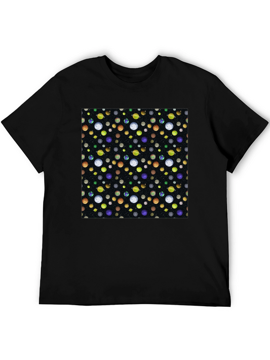 Planets Pattern Black Cotton T-Shirt