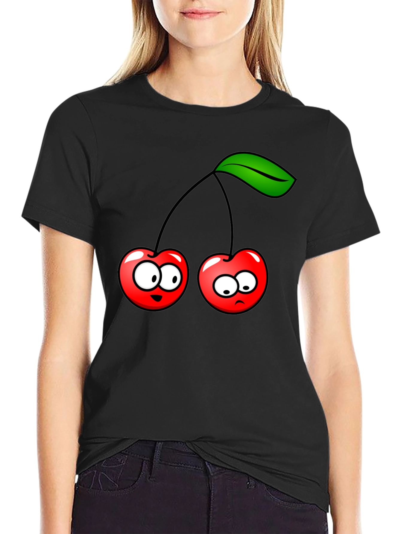 Funny Cherry Cartoon Black T-Shirt