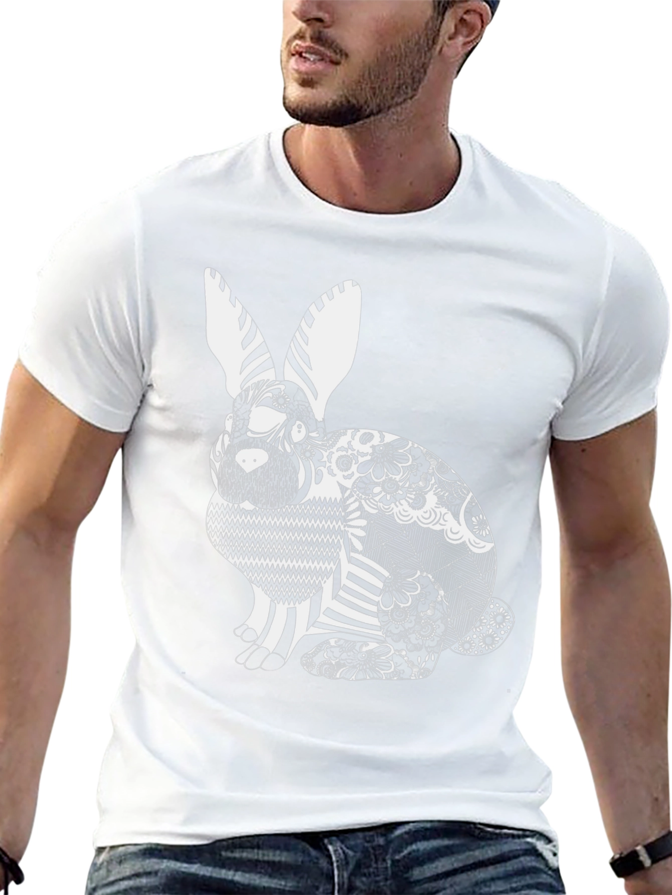 Black T-Shirt with Artistic Rabbit Print