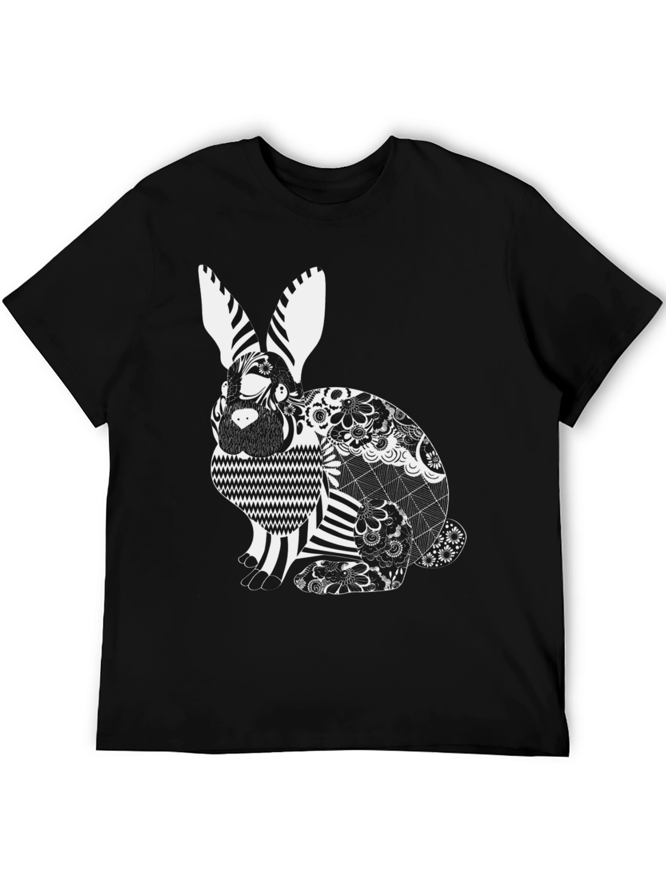 Black T-Shirt with Artistic Rabbit Print