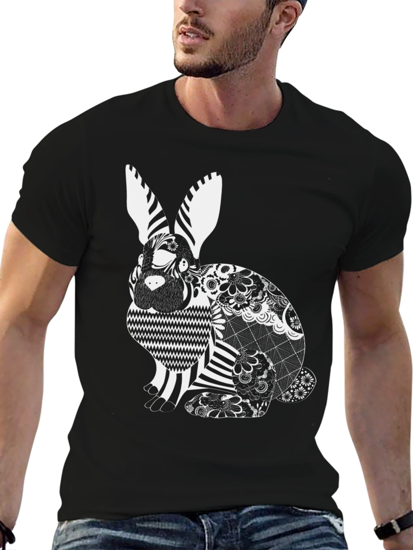Black T-Shirt with Artistic Rabbit Print