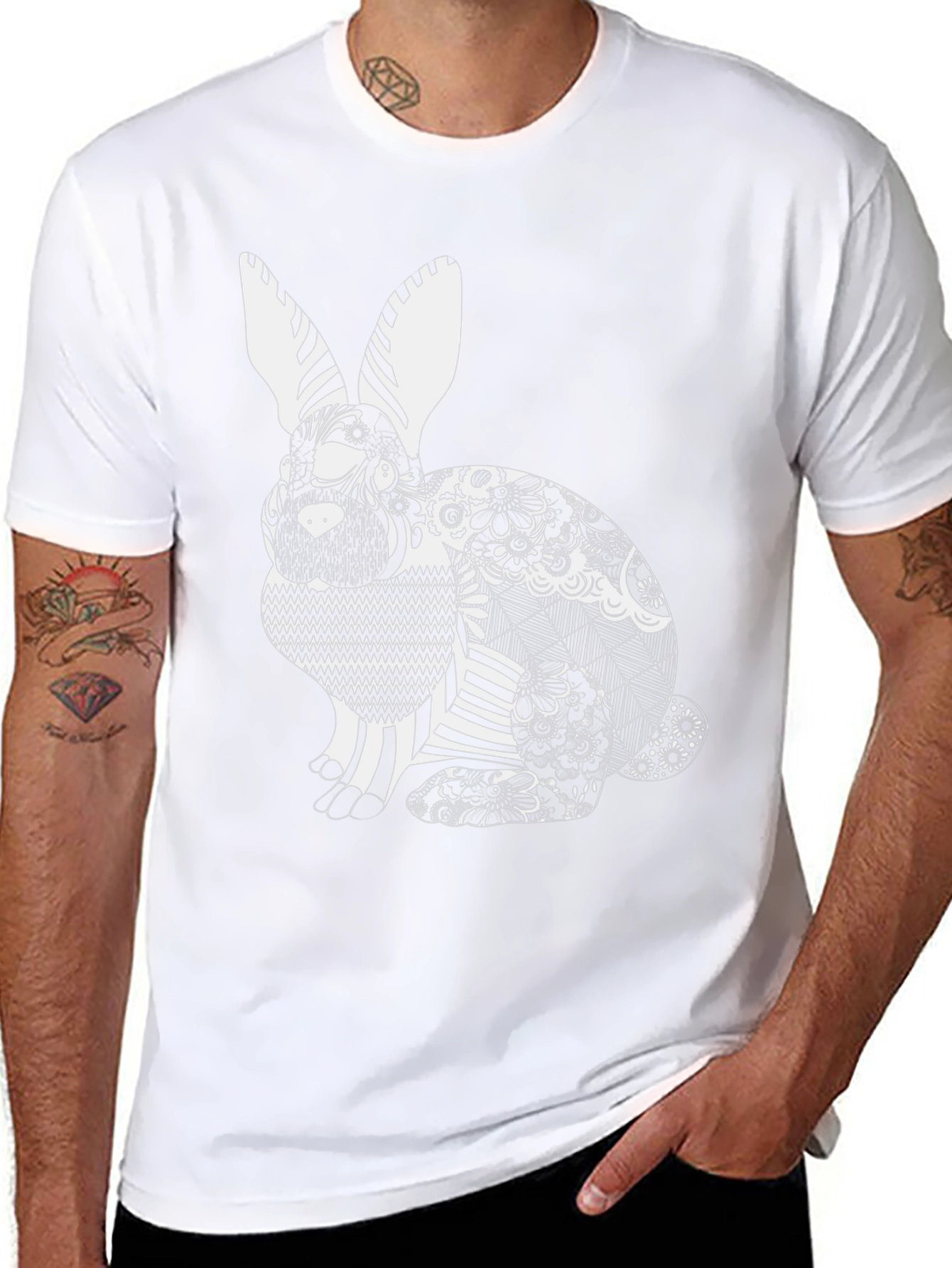 Black T-Shirt with Artistic Rabbit Print