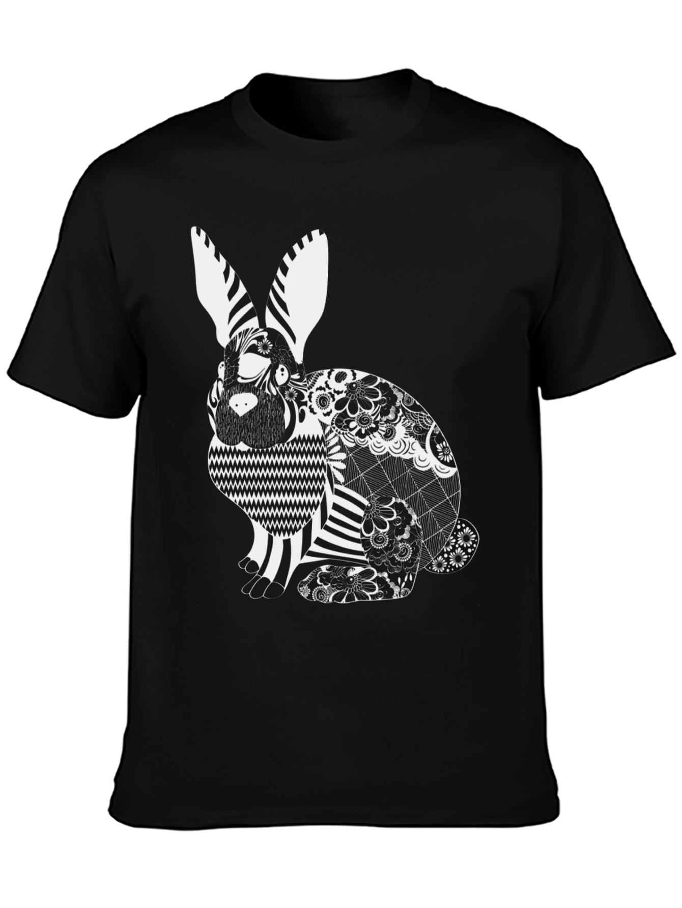 Black T-Shirt with Artistic Rabbit Print
