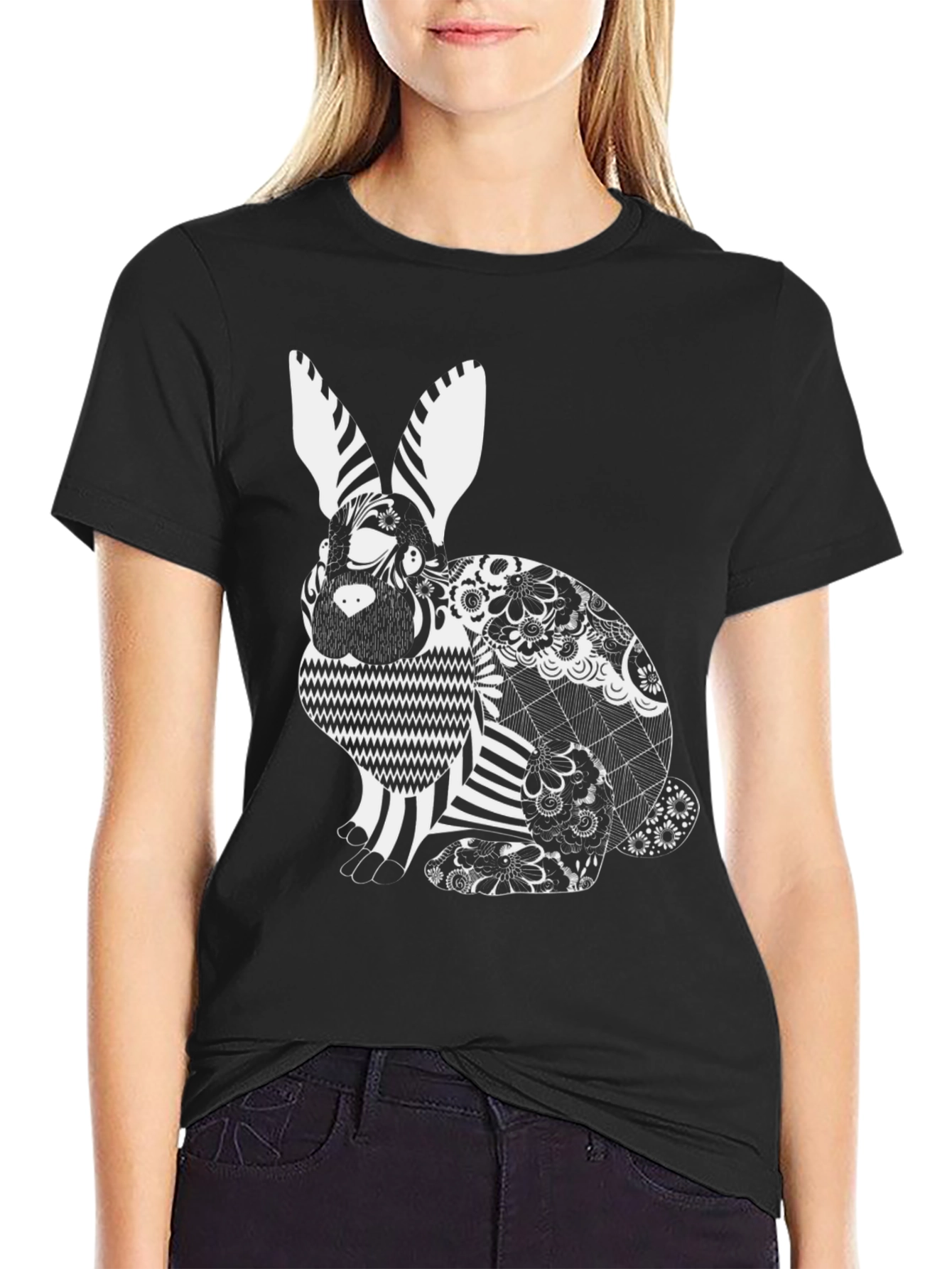 Black T-Shirt with Artistic Rabbit Print