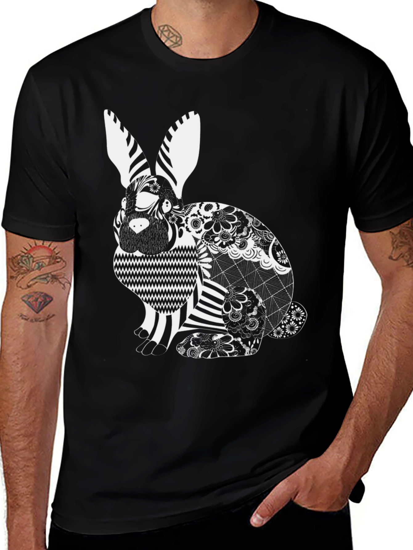 Black T-Shirt with Artistic Rabbit Print