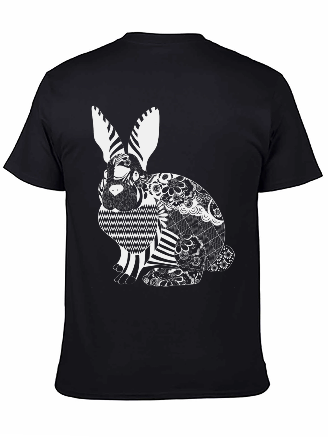 Black T-Shirt with Artistic Rabbit Print