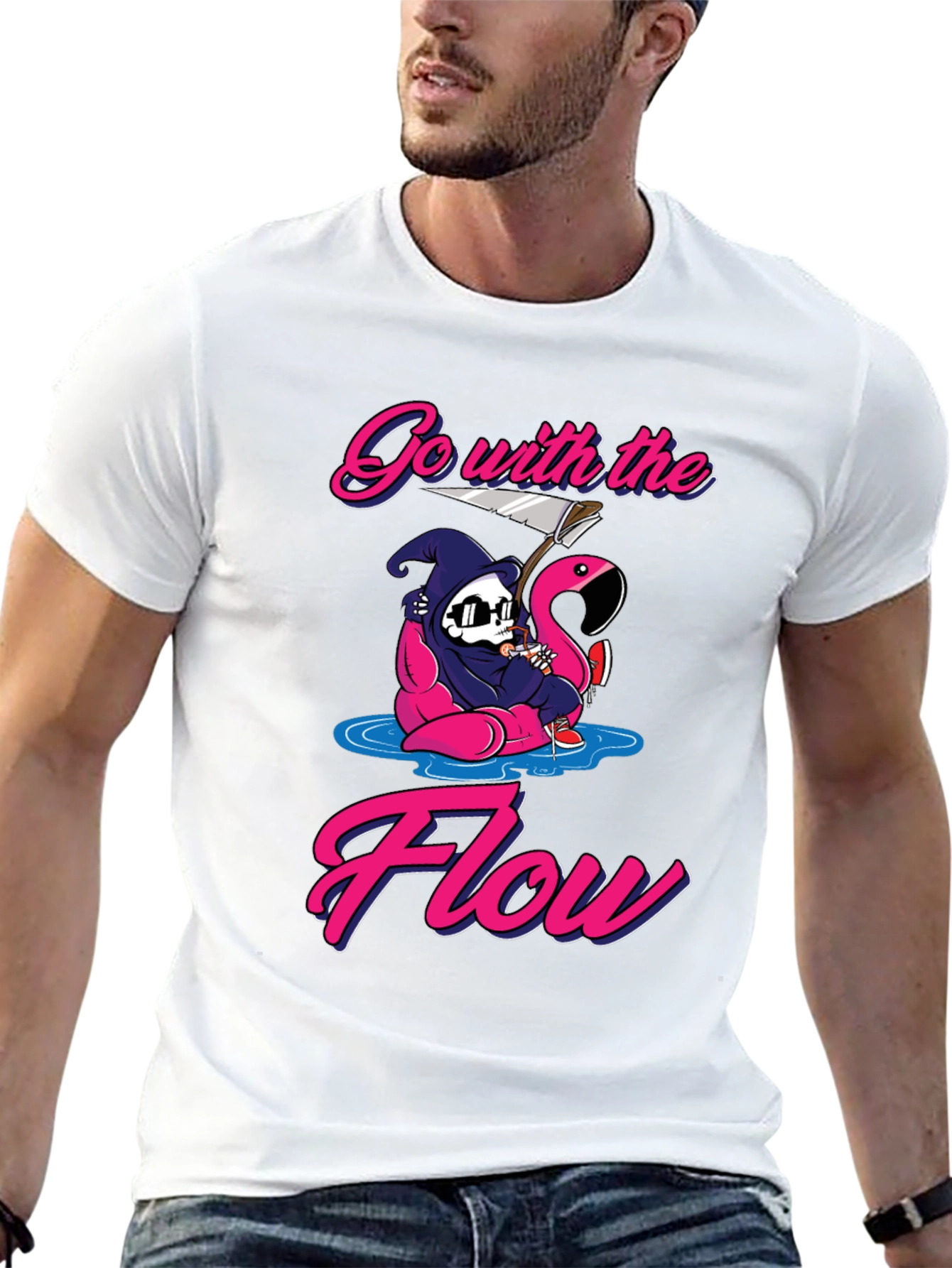 Go With The Flow Grim Reaper Flamingo T-Shirt