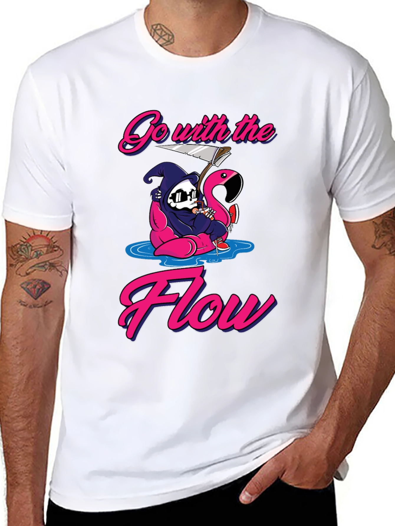 Go With The Flow Grim Reaper Flamingo T-Shirt