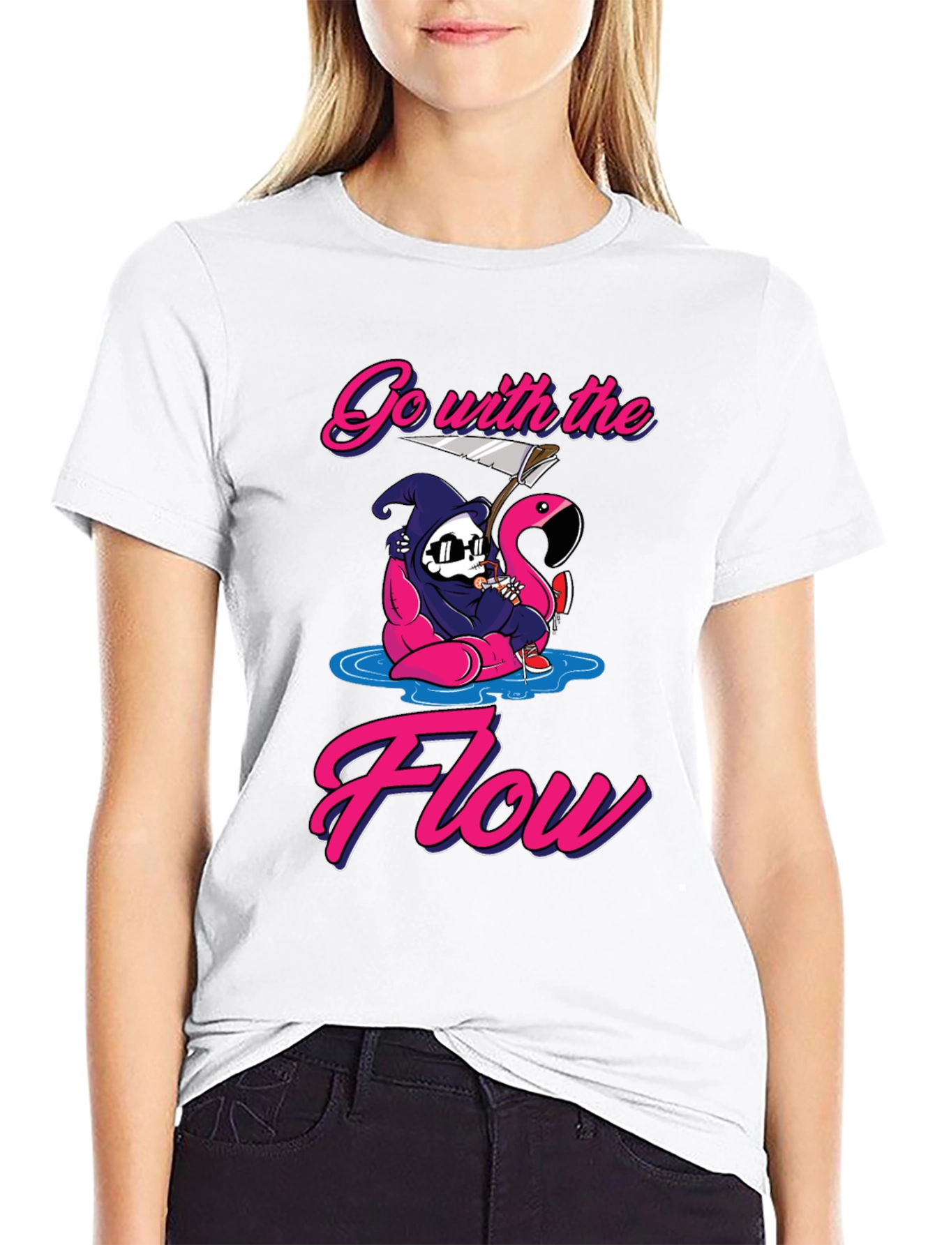 Go With The Flow Grim Reaper Flamingo T-Shirt