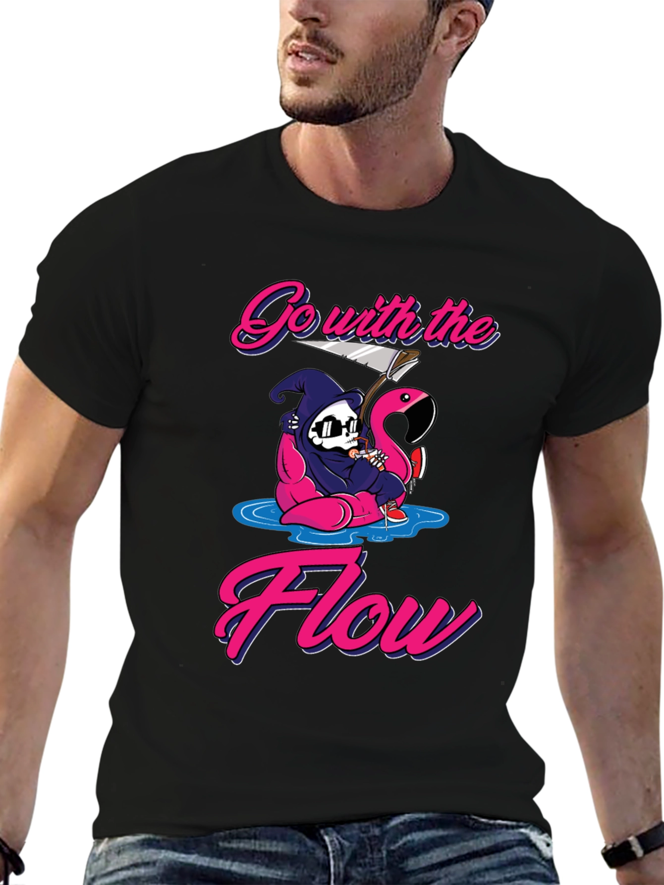 Go With The Flow Grim Reaper Flamingo T-Shirt